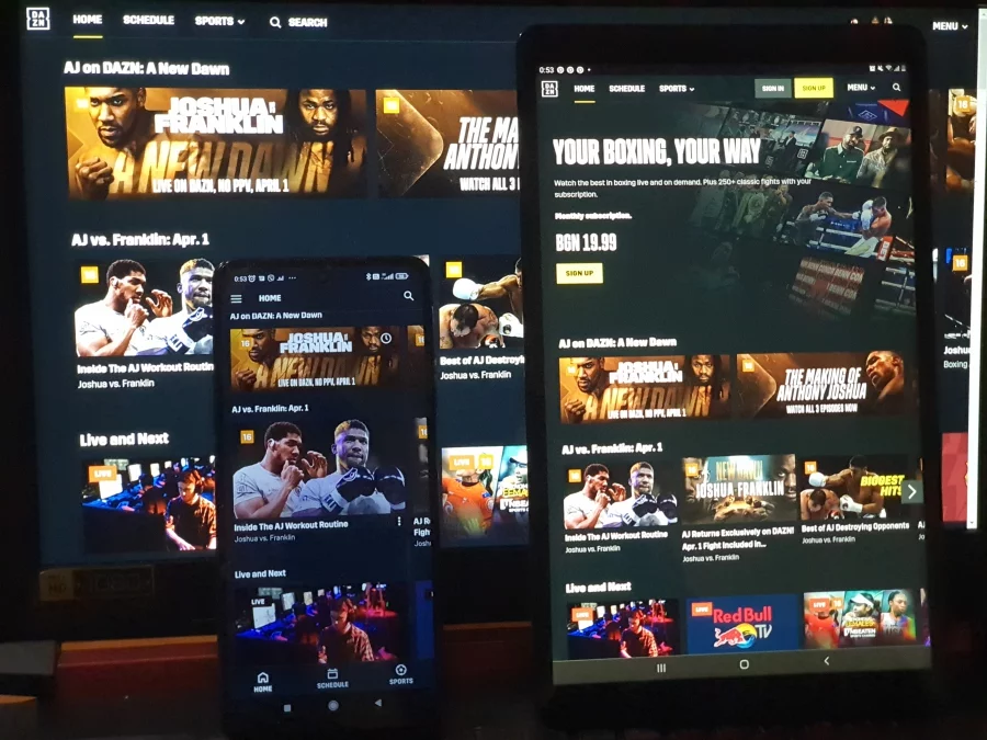 Телефон, таблет, компютър, лаптоп - DAZN може да се ползва на всякакви устройства DAZN - гледай на таблет, телефон, лаптоп и други устройства