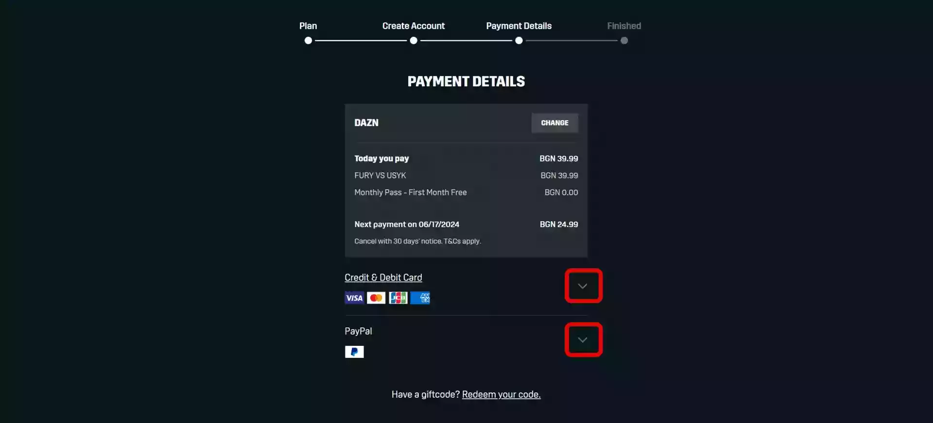 Избор на средство за плащане в DAZN Избор на средство за плащане в DAZN